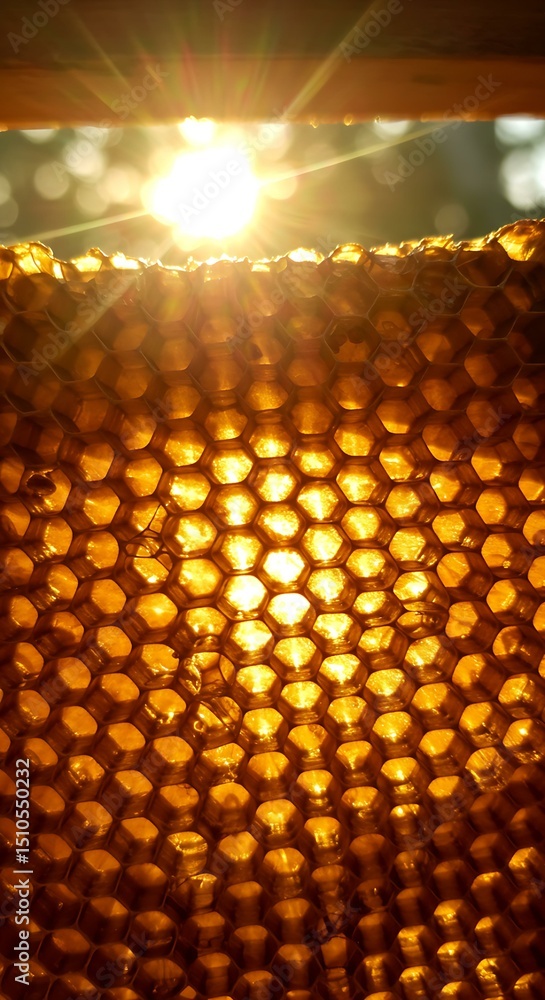 Naklejka premium Honey as a natural sweetener Healthy lifestyle with organic honey Pure organic honey Natural raw honey Bees and honeycomb close-up Honeycomb texture in sunlight Healthy lifestyle with organic honey