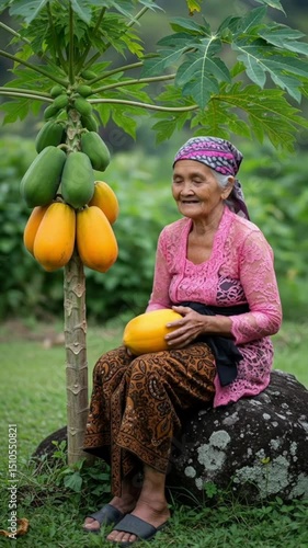 A cheerful senior woman dressed in traditional attire holds a ripe papaya while seated next to a flourishing papaya tree in a vibrant, green, and lush garden environment.