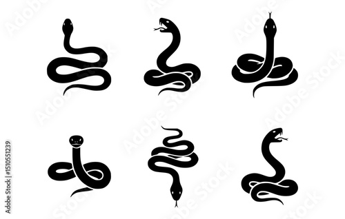 Set of six stylized snake silhouettes in various poses, evoking a sense of primal allure and danger. These sleek designs capture the essence of serpents in their sinuous forms.