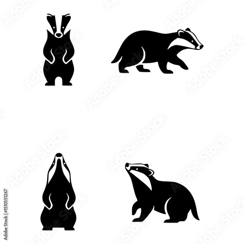 Stylized illustrations of badgers in different poses. The image showcases the characteristic black and white markings of this fascinating animal.