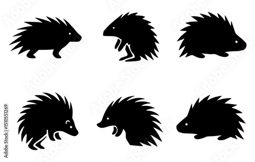 A series of six minimalist, high-contrast silhouettes of hedgehogs in various poses. The black outlines provide a striking representation of these spiky creatures. 