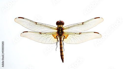 Close Up Translucent Brown Spotted Dragonfly on White Background