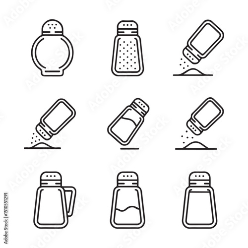 Salt Shaker Icon Set Collection. Simple Line Art Icons of Salt Shakers Dispensing Salt
