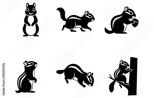 Six playful chipmunk silhouettes, each showcasing a different action, in a minimalist style. They're running, climbing, eating, and standing, offering a versatile graphic resource. 