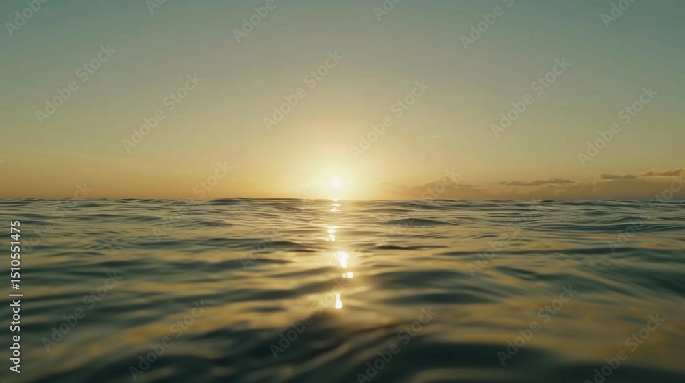 Obraz premium Tranquil ocean view with calm waves under golden sunset, minimalist seascape with copy space, conveying peace, relaxation and freedom of coastal life.