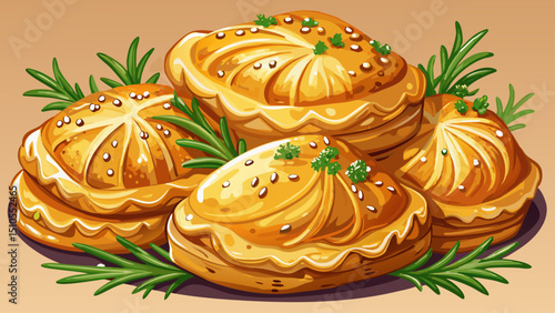 Delightful golden brown puff pastries glistening with sprinkled herbs, depicting an appetizing baked delicacy ideal for a savory snack or meal .