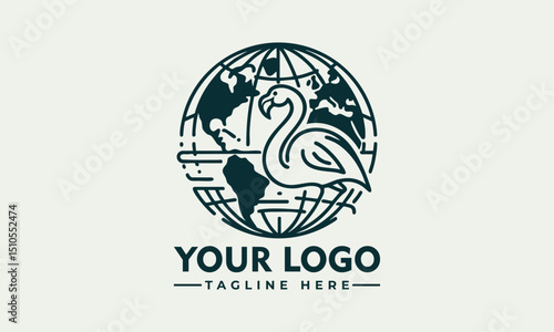 Stylized flamingo bird placed in front of outlined Earth globe representing environmental awareness. Wildlife concept
