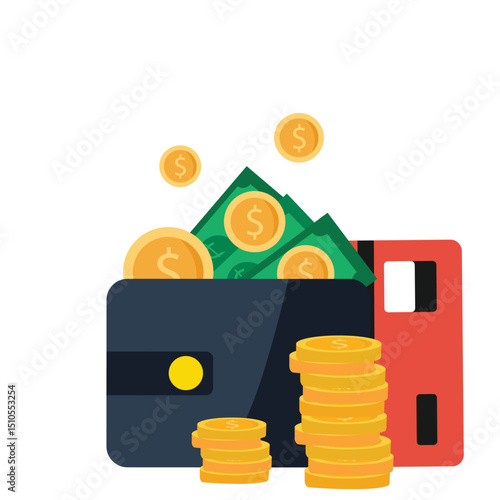 Wallet with green paper money with a credit card and gold coin. banknote and bank card flat design, Online payment concept. vector illustration...