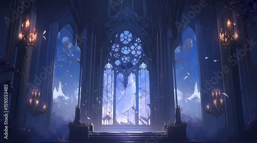 A grand, gothic cathedral interior bathed in candlelight, featuring intricate stone carvings, stained glass windows, and ornate columns, exuding serene beauty and spiritual connection.