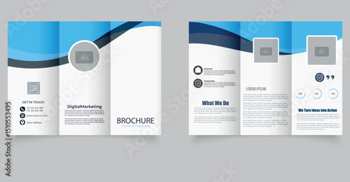 Trifold brochure with blue waves. Vector illustration. Trifold Print Ready Brochure Template.