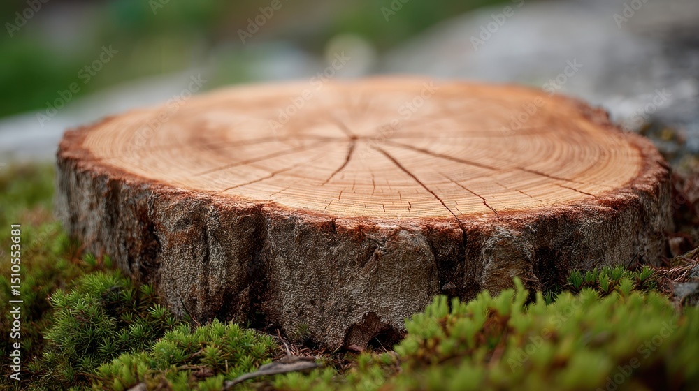 Cut tree stump revealing growth rings located in a natural environment during daylight Cut tree stump revealing growth rings located in a natural environment during daylight