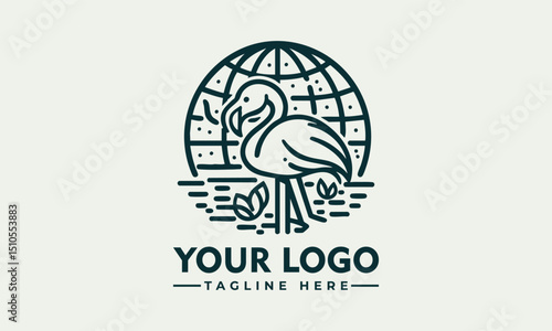 Stylized flamingo bird placed in front of outlined Earth globe representing environmental awareness. Wildlife concept

