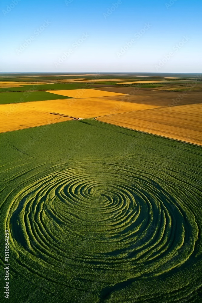 Naklejka premium Abstract Agricultural Symphony: An aerial perspective unveils the artistry of agriculture, with concentric circles carved into a vibrant green field.