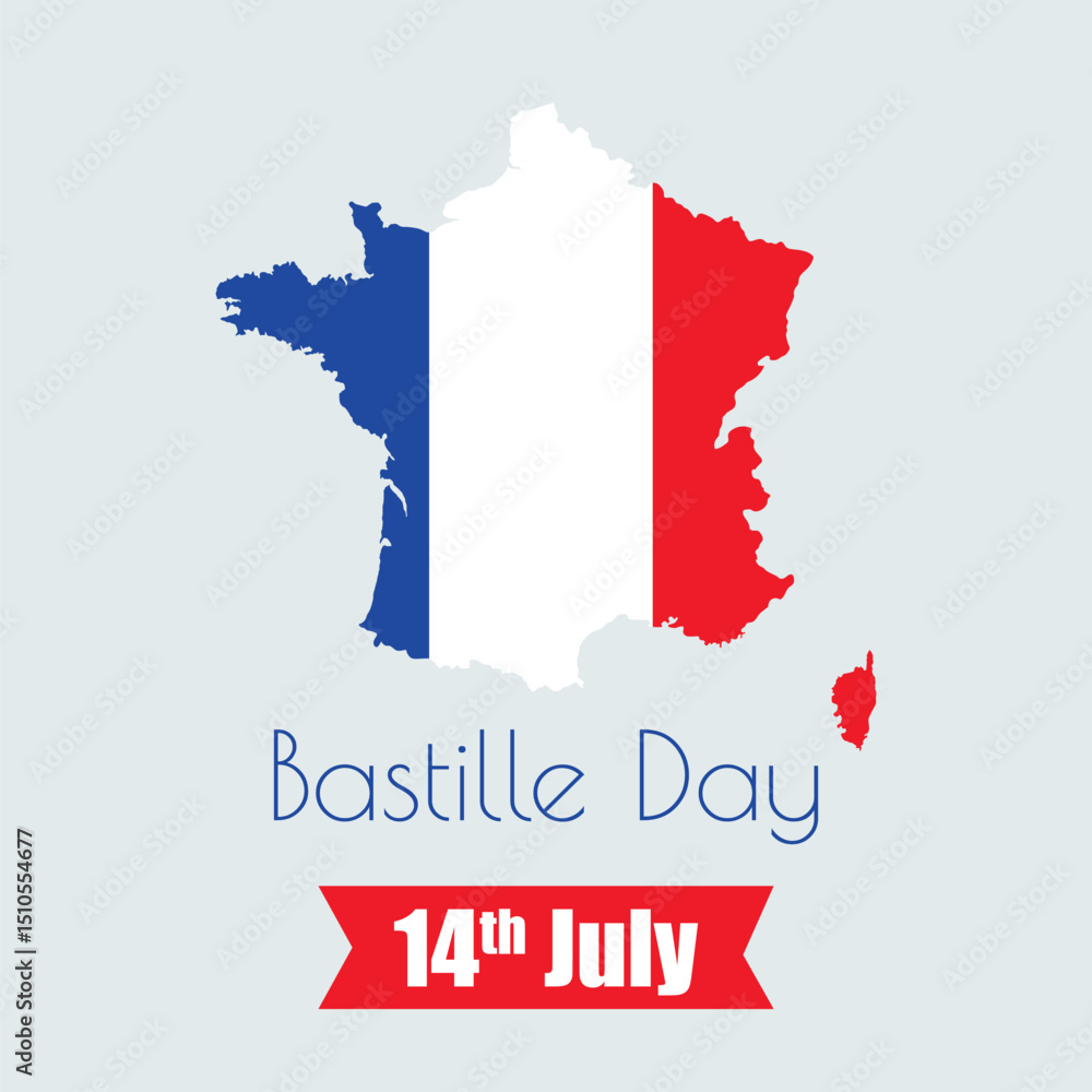 Obraz premium Bastille day with the French national flag on french map. This patriotic design is perfect for celebrating Bastille Day (14th July), symbolizing French pride, national unity, and cultural identity. 