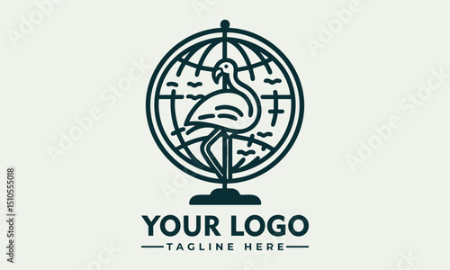 Stylized flamingo bird placed in front of outlined Earth globe representing environmental awareness. Wildlife concept
