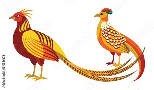 Two golden pheasants illustration colorful birds