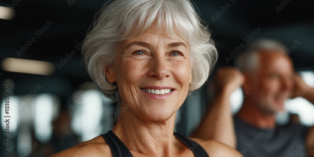 Fototapeta premium An older woman in a gym, smiling and engaged in exercise.