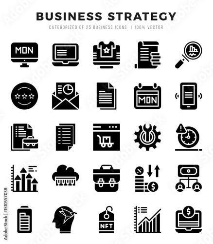 Business Strategy Glyph icons collection. 25 icon set. Vector illustration.