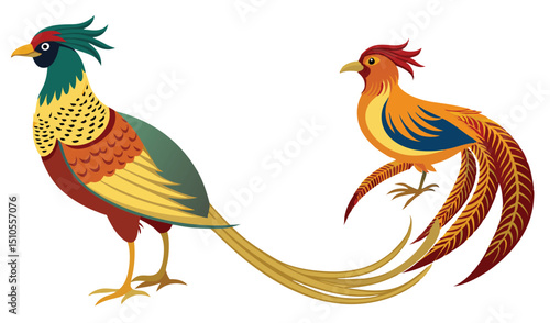 Two colorful stylized pheasants bird illustration