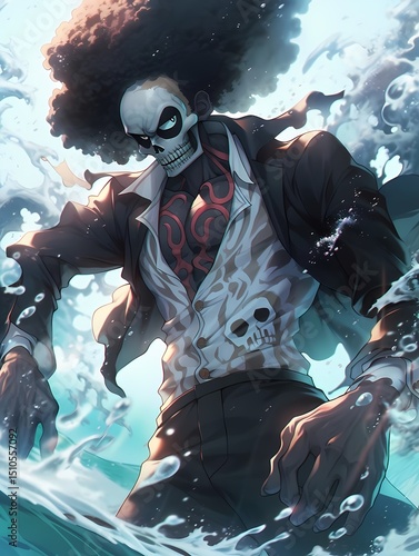 A character with a striking afro and mask stands in a dynamic scene, reaching out with one arm and interacting with the waves of a light blue-green ocean.