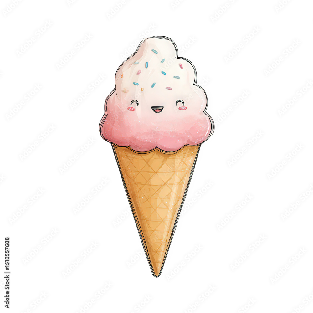 Cute Cartoon Ice Cream Cone with Smiling Face and Colorful Sprinkles Cute Cartoon Ice Cream Cone with Smiling Face and Colorful Sprinkles