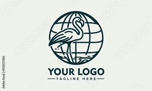 Stylized flamingo bird placed in front of outlined Earth globe representing environmental awareness. Wildlife concept
