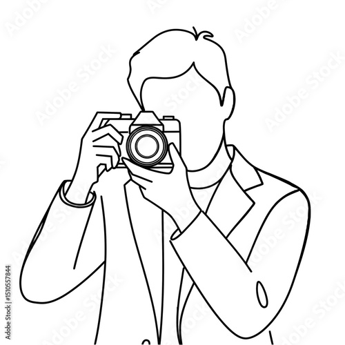 A minimalist line drawing depicts a person taking a photo with a camera, featuring simple, clean lines