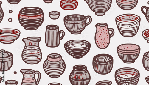 Bilde på lerret seamless vector pattern with various pots and mugs