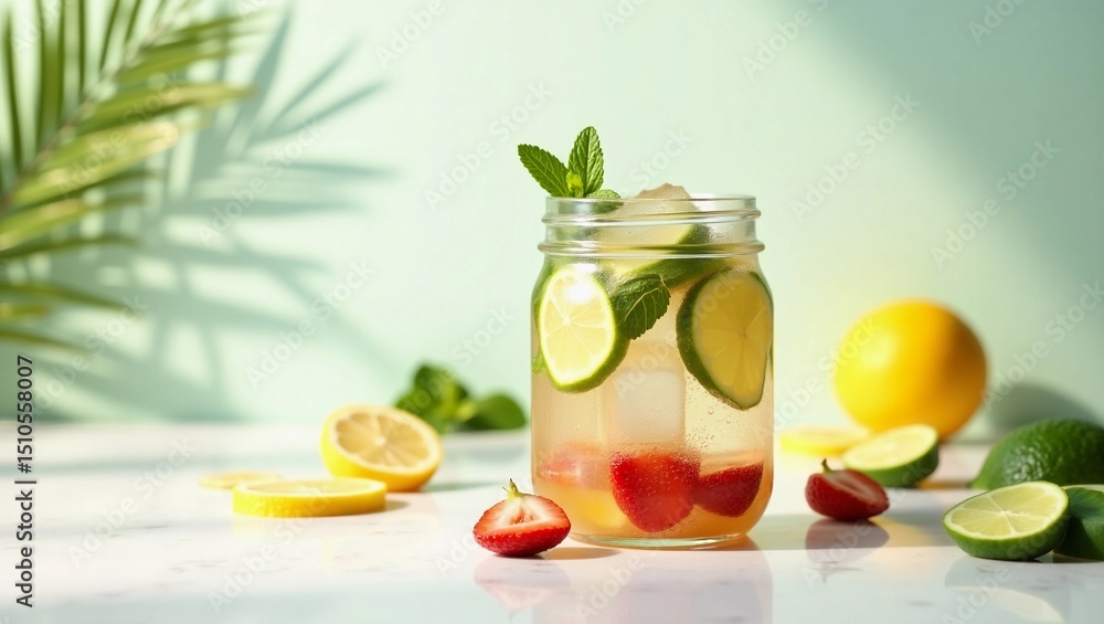 Fototapeta premium Front view flatlay of a transparent glass or jar filled with infused water, containing clear ice cubes and colorful sliced fruits such as lemon, lime, cucumber, strawberries, or mint leaves. 