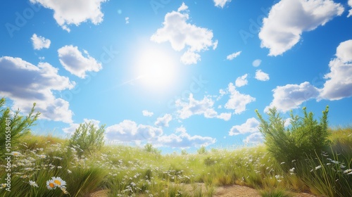 青空と雲と野の花 – 夏の日差しあふれる風景