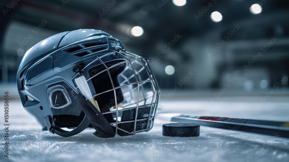 Fototapeta premium Close-up of a Hockey Helmet, Puck, and Stick on Ice in an Indoor Arena Setting Capturing the Essence of Ice Hockey Action