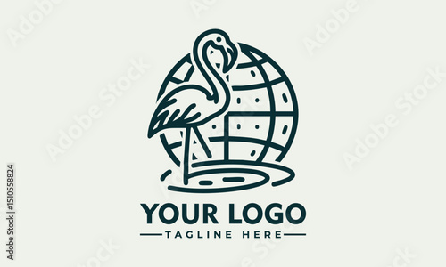 Stylized flamingo bird placed in front of outlined Earth globe representing environmental awareness. Wildlife concept
