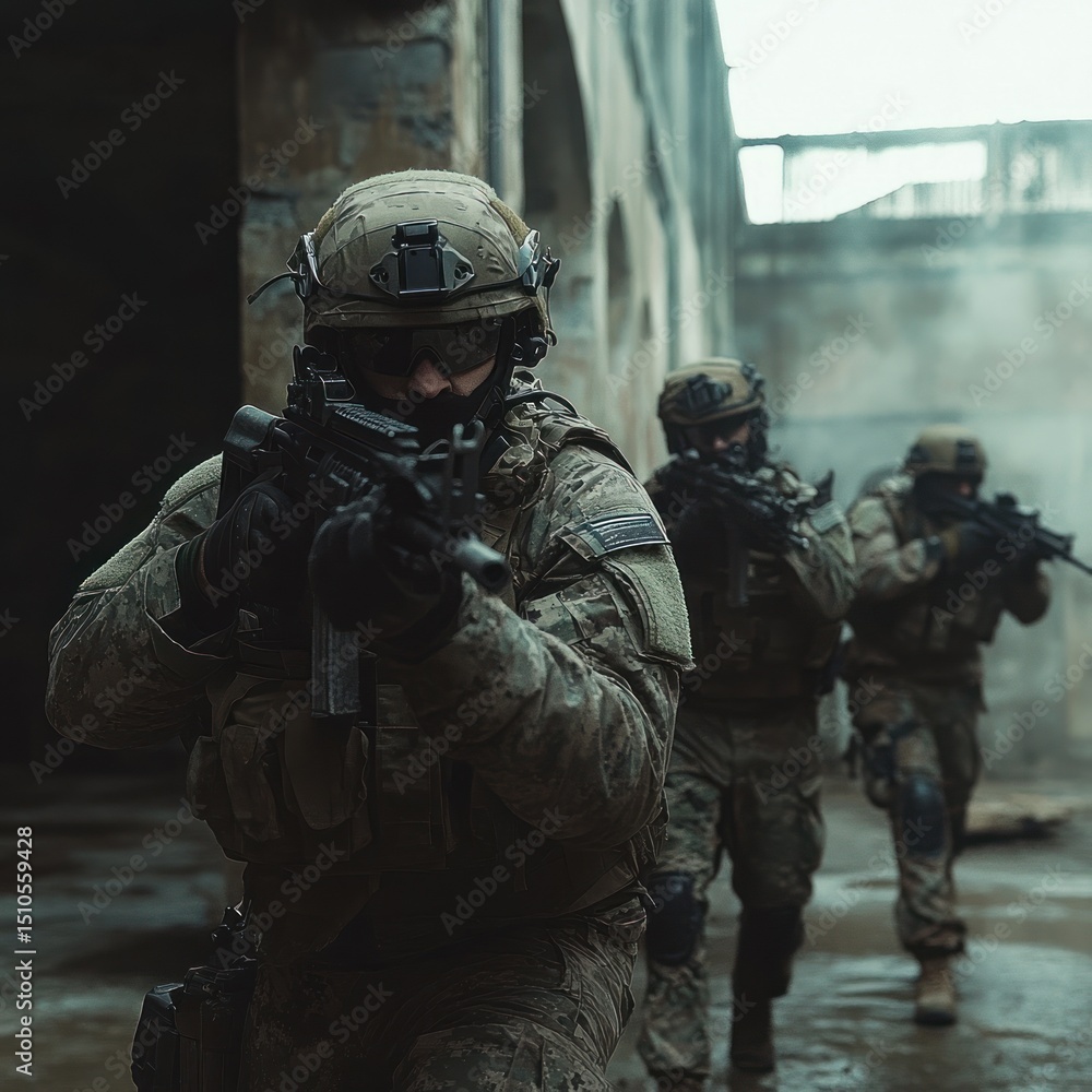 Elite troops in action, tactical urban warfare Elite troops in action, tactical urban warfare