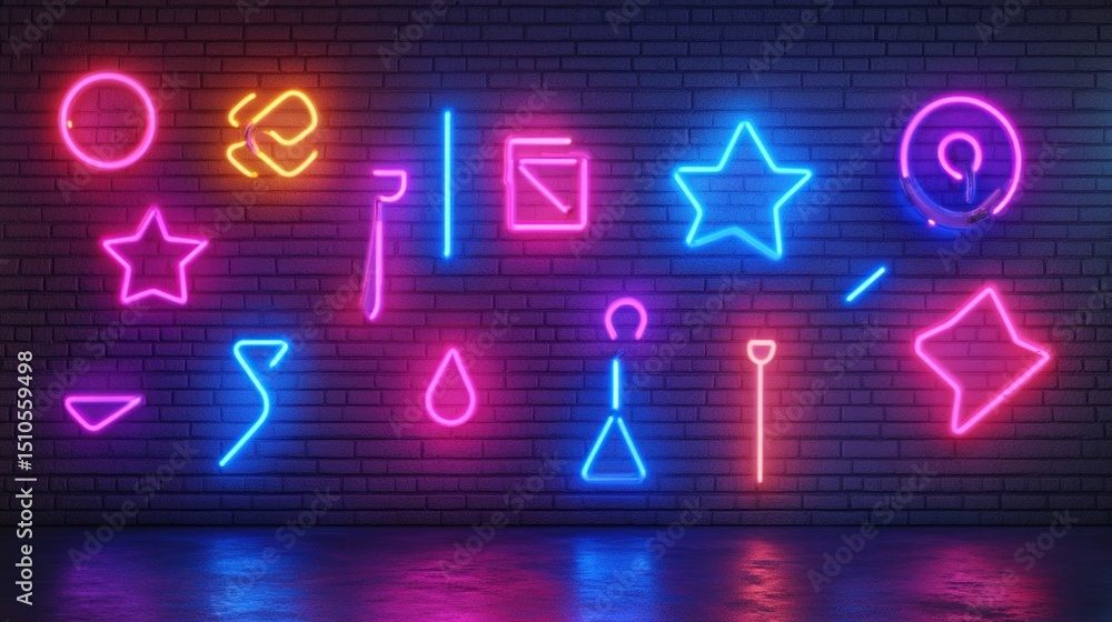 Fototapeta premium Neon signs with various geometric shapes and icons against a brick wall
