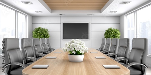 a realistic photo of an empty meeting room with symmetrical chair arrangements