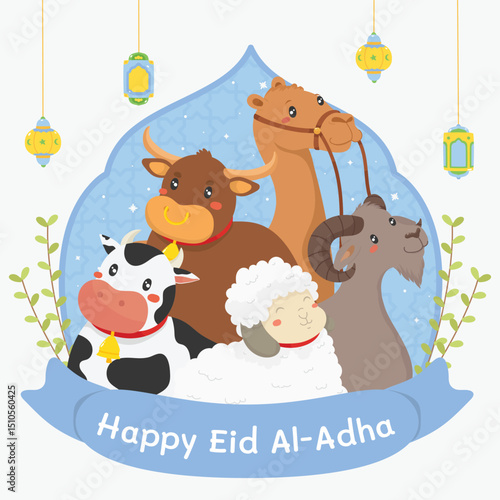 Happy Eid al-Adha vector illustration. Cute flat vector of qurban animals (cow, goat, sheep, camel, buffalo) in mosque arch with lanterns. Great for cards, social media, banners, and Islamic content