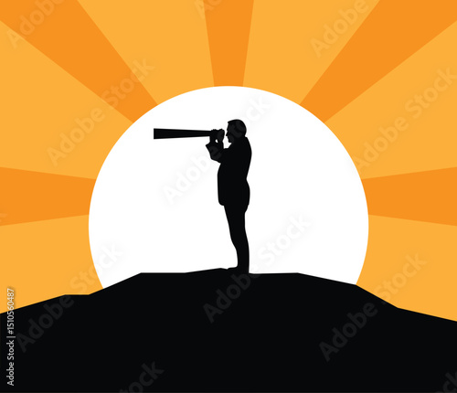 Silhouette of Business Man Looking into the Distance with Spyglass. Vision of the future for worker or company CEO leader vector art