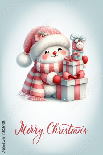 Santa with a happy expression, rosy cheeks, red nose and knitted red and white striped scarf. Greeting card with calligraphy inscription Merry Christmas.