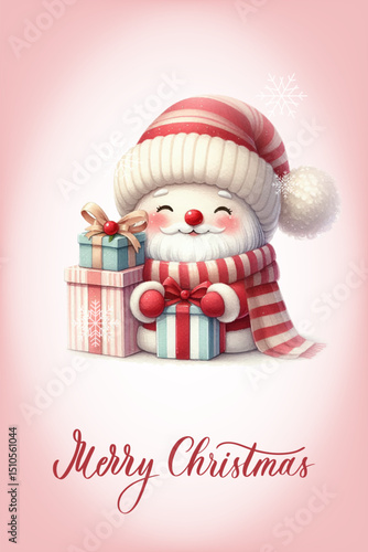 Santa with a happy expression, rosy cheeks, red nose and knitted red and white striped scarf. Greeting card with calligraphy inscription Merry Christmas.