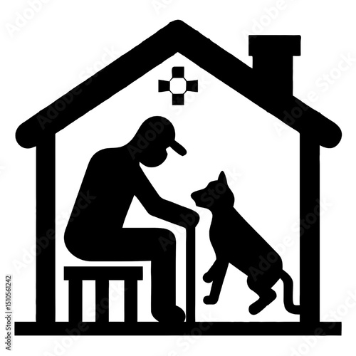 Elderly man petting dog on porch in melancholic black and white