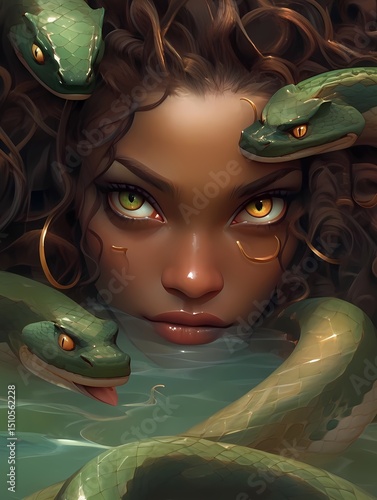 A woman with striking green eyes and brown skin is partially submerged in water, surrounded by coiled green serpents with bright yellow eyes, gazing at her with awareness.