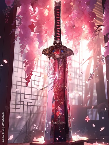 A majestic samurai sword stands tall, its gleaming blade surrounded by soft pink and white cherry blossoms, exuding tranquility and mystery.