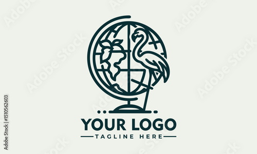 Stylized flamingo bird placed in front of outlined Earth globe representing environmental awareness. Wildlife concept
