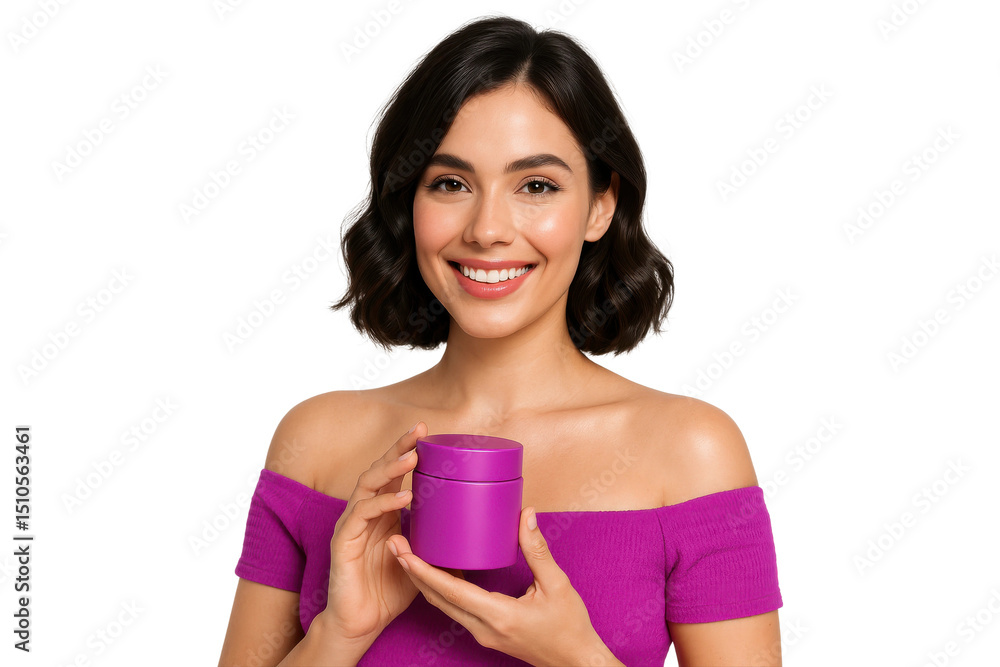 Smiling woman in purple top holding matching skincare jar, isolated on transparent background Smiling woman in purple top holding matching skincare jar, isolated on transparent background