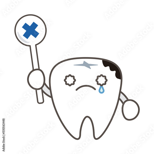 バツの札を持った虫歯の歯のイラスト