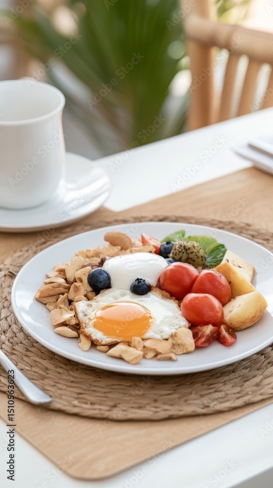A Vibrant Breakfast Plate: Sunny-Side Up Egg, Berries, and Fruit Salad on a White Plate, a Culinary Still Life for Healthy Eating and Morning Nourishment. A Vibrant Breakfast Plate: Sunny-Side Up Egg, Berries, and Fruit Salad on a White Plate, a Culinary Still Life for Healthy Eating and Morning Nourishment.