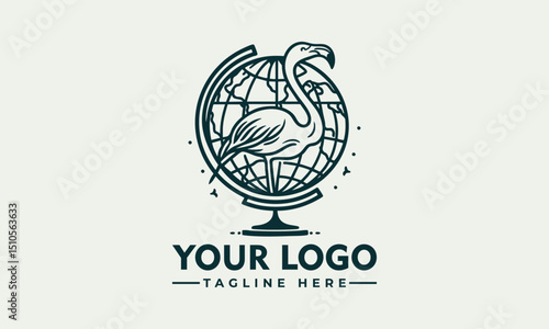 Stylized flamingo bird placed in front of outlined Earth globe representing environmental awareness. Wildlife concept
