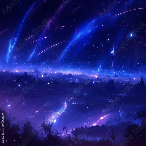 A cityscape bathed in soft glow, with twinkling lights and shooting stars tracing a mesmerizing pattern against a deep blue sky, evoking wonder and tranquility.