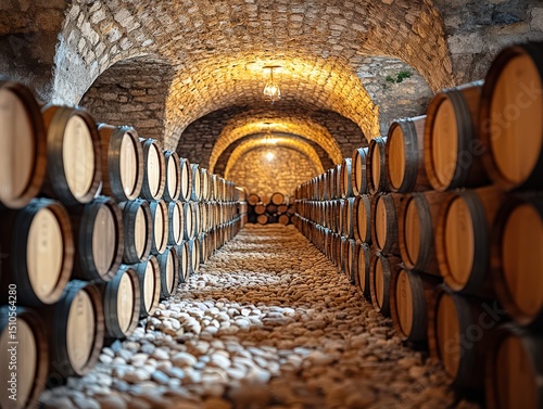 Nestled beneath a vintage winery the cellar exudes an inviting atmosphere with rows of aged oak barrels lining the cobblestone path. Warm lights illuminate the space fostering a sense of history