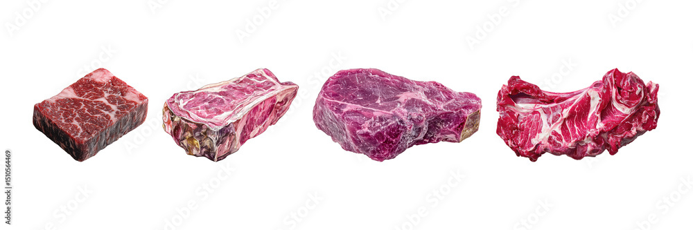 Obraz premium Variety Of Raw Meat Cuts Set. Culinary And Butchery Selection Collection Isolated On Transparent Background